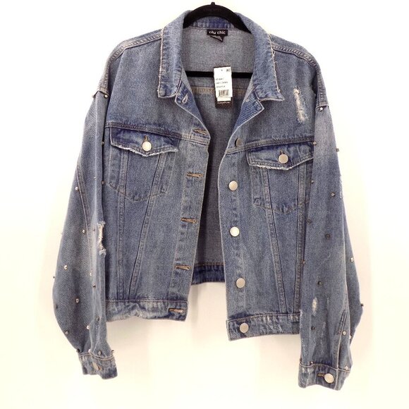 City Chic Distressed Studded Cropped Denim Jacket Size XXL/24 Studded Sleeve - Picture 1 of 4